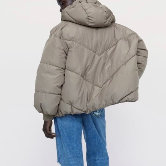 Zara Puffer Short Cropped Nude Taupe Puffer Hooded Winter Jacket Coat - Picture 3 of 6